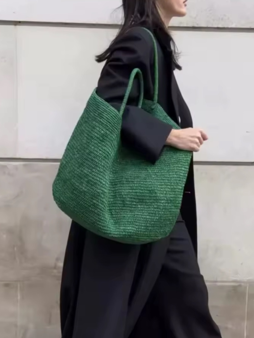 Large green raffia bag tote
